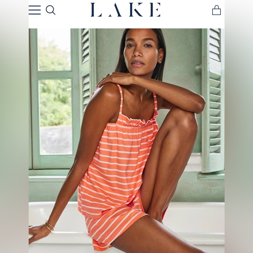 Lake Pajamas Pima Ruffle Shorts Set in Coral Reef Anchor Stripe size medium NEW